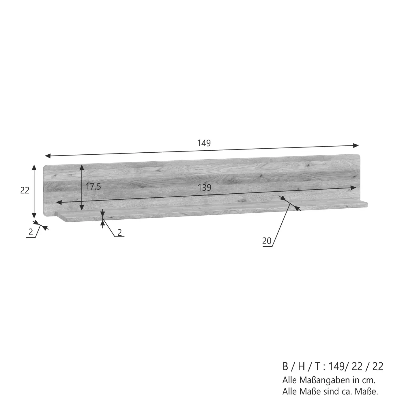 3S Frankenmöbel Wandboard WZ-0663 Wildeiche geölt ca. 149x25x22 cm