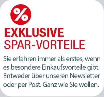 Grafik mit rotem Prozentzeichen und Text über exklusive Sparvorteile und Informationen zu Einkaufsangeboten.