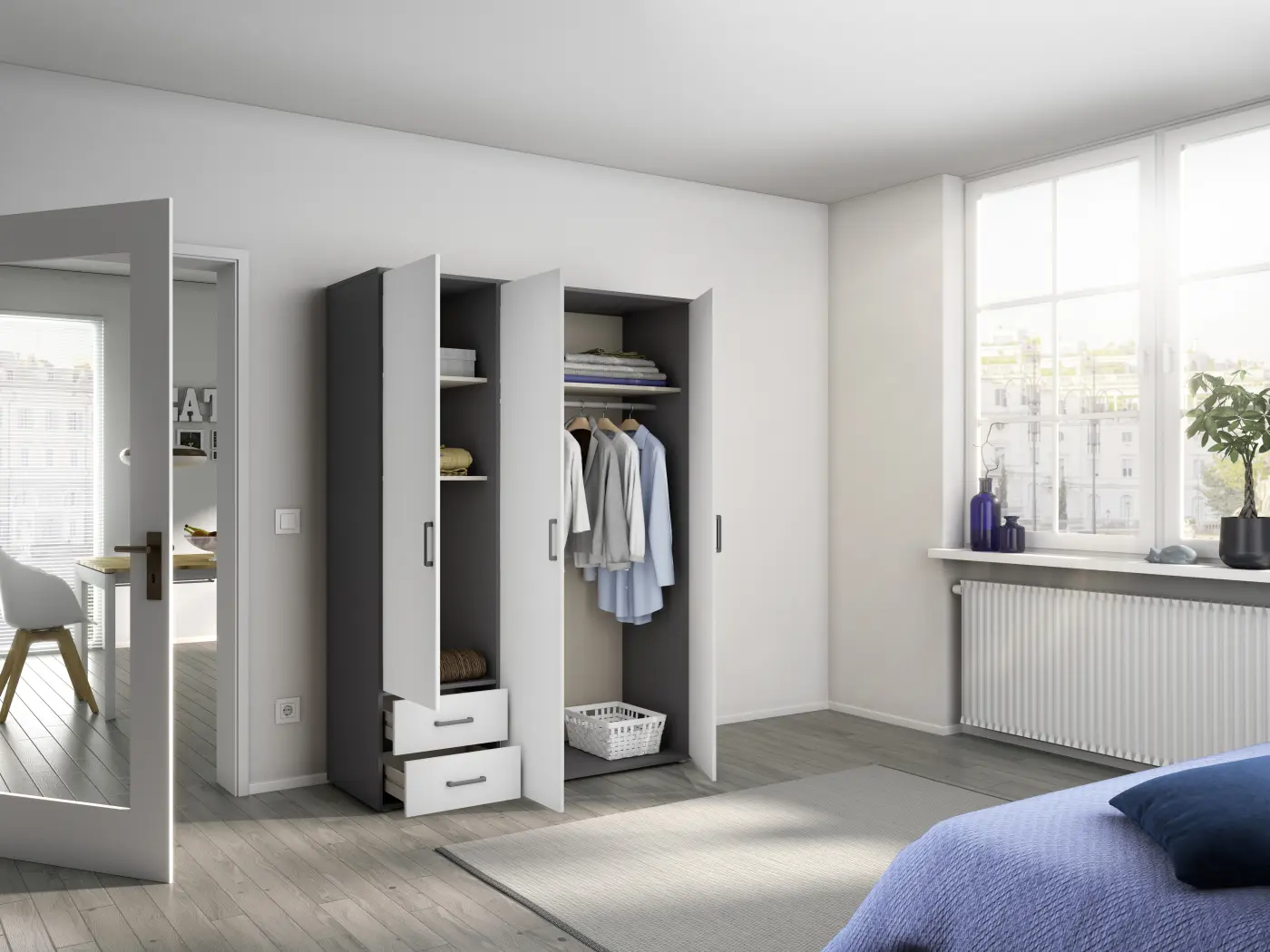 Rauch Drehtürenschrank Voyager Alpinweiß/Grau ca. 140x194x53 cm