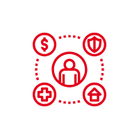 Grafik mit Symbolen für betriebliche Gesundheitsvorteile: Geld, Sicherheit, Gesundheit und Zuhause.