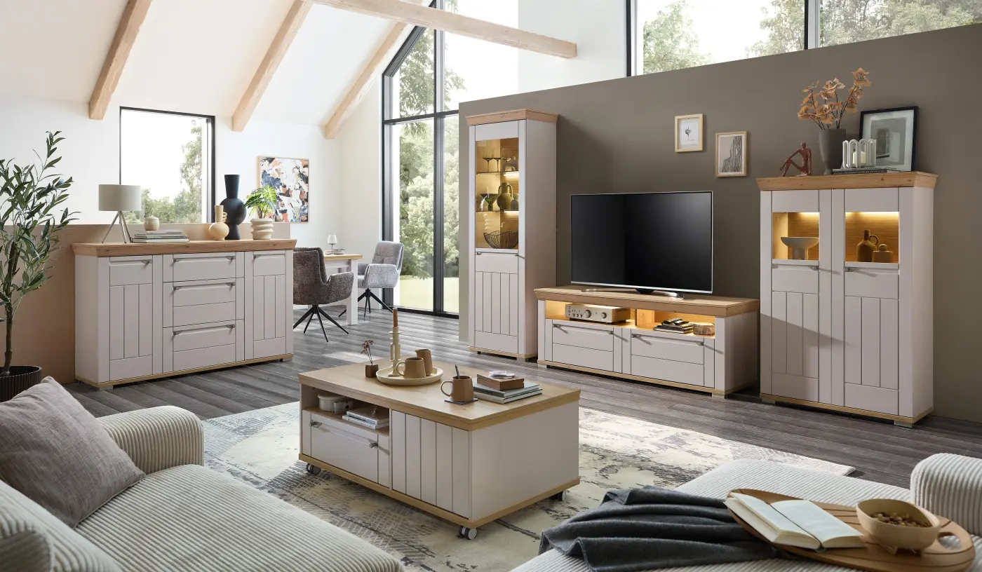 Wohn-Concept Country-L Kaschmir matt/Artisan Eiche NB ca. 351x208x53 cm - ohne Beleuchtung - 