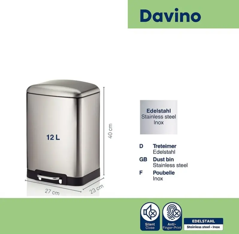 Kela Treteimer Davino Edelstahl matt 12 L 27x23x40 cm