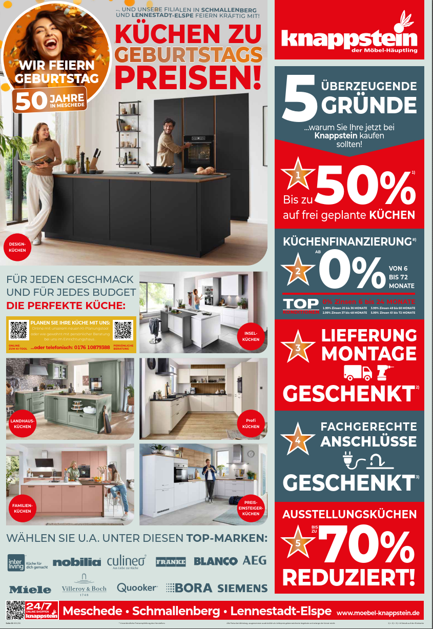 Küchenangebote und Rabattaktionen zum 50-jährigen Jubiläum von Knappstein, mit verschiedenen Küchenlayouts und Information...
