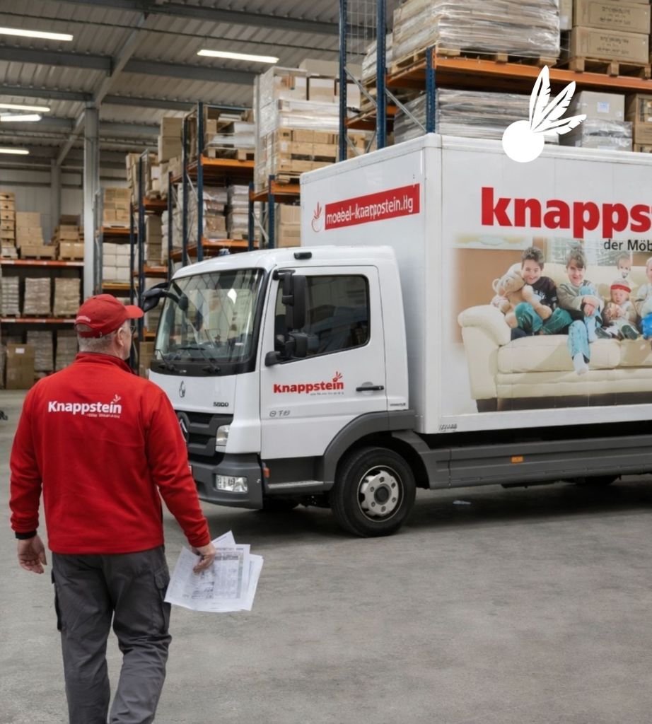 Lagerarbeiter in roter Jacke geht zu einem Lieferwagen mit dem Logo von Knappstein.