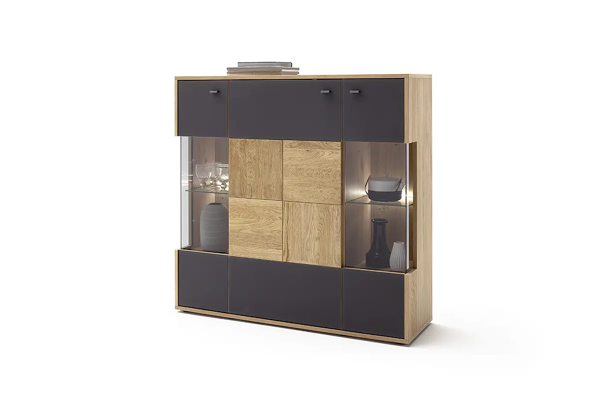 MCA Highboard Balkeneiche Bianco - Glas anthrazit ca.124x120x37 cm