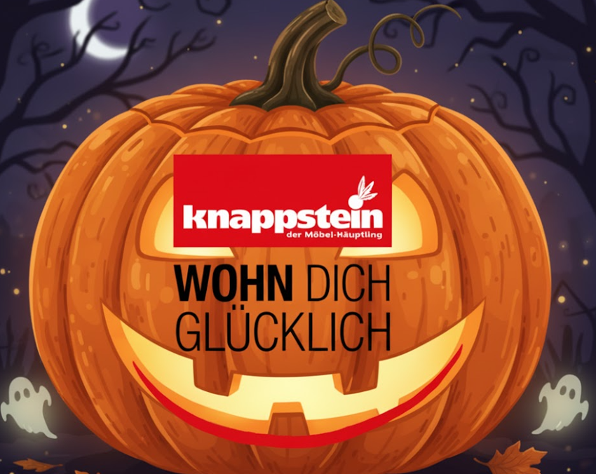 Halloween Kürbis mit Knappstein-Logo und Verlinkung zur Halloween-Deko-Seite 