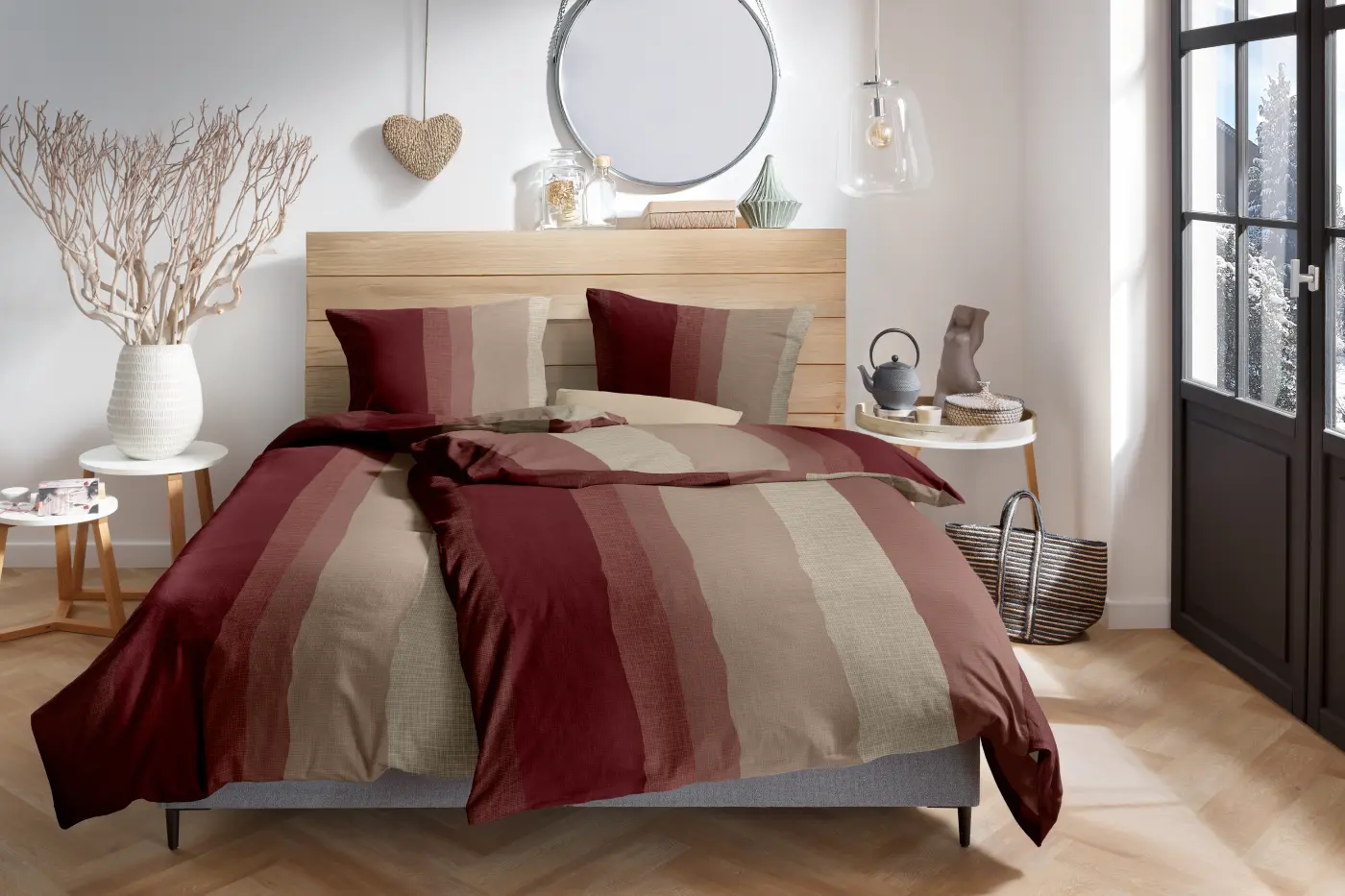 Hahn Biber-Bettwäsche-Set 135x200+80x80 cm rot braun längs gestreift