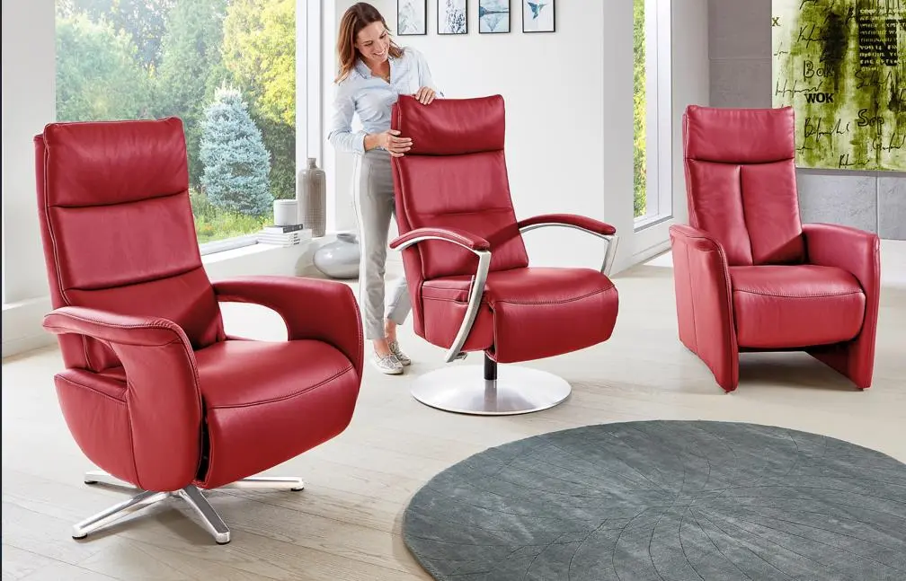 MDS Steinpol Polsteria Relaxsessel Lucky, Leder: Torro rosso, mit manueller Verstellung, Armteil Edelstahl bodenfrei, Drehteller Metall