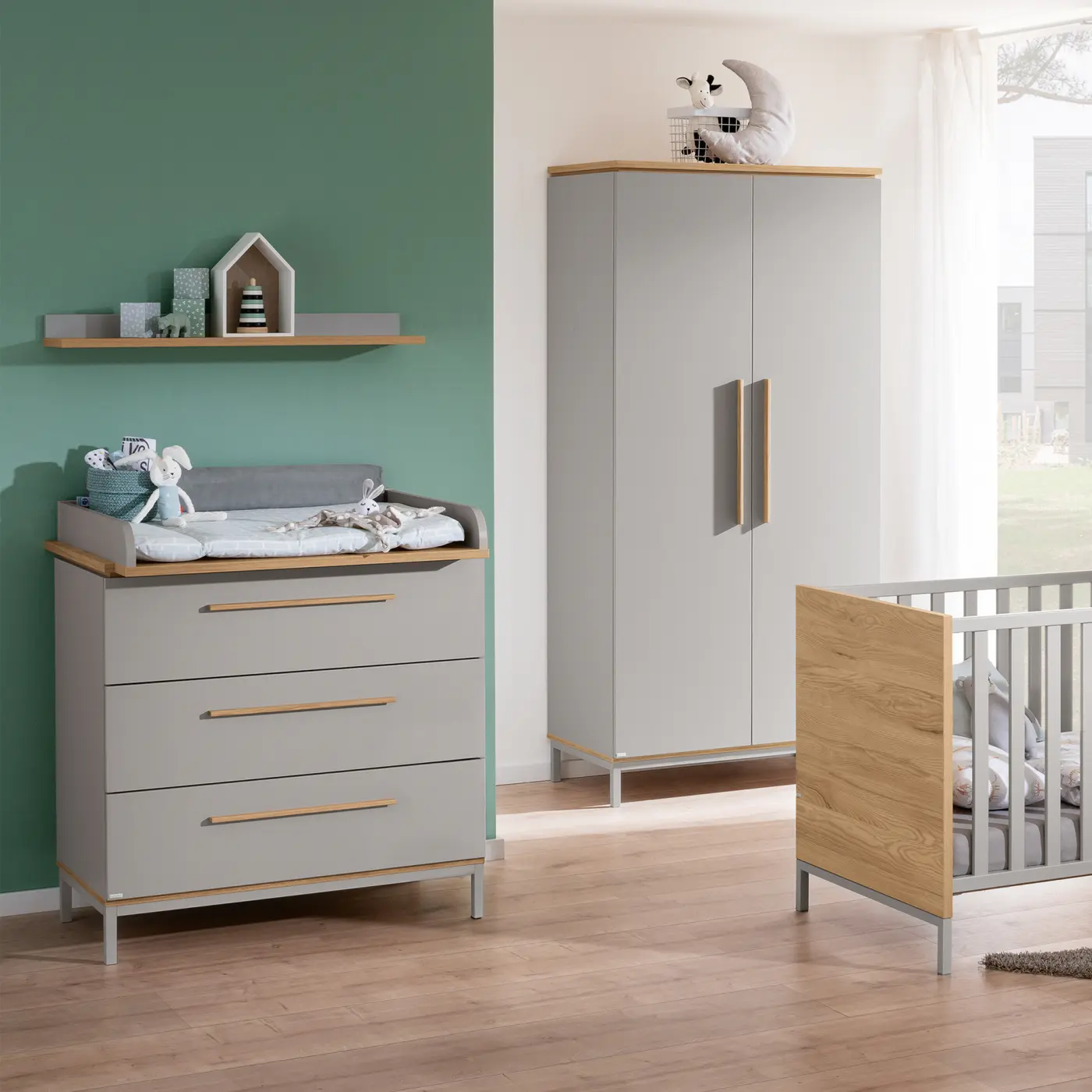 Paidi Kleiderschrank Benne 2T Kieselgrau/Eiche Montana Nachbildung, Griff Eiche massiv ca.95x202x56 cm