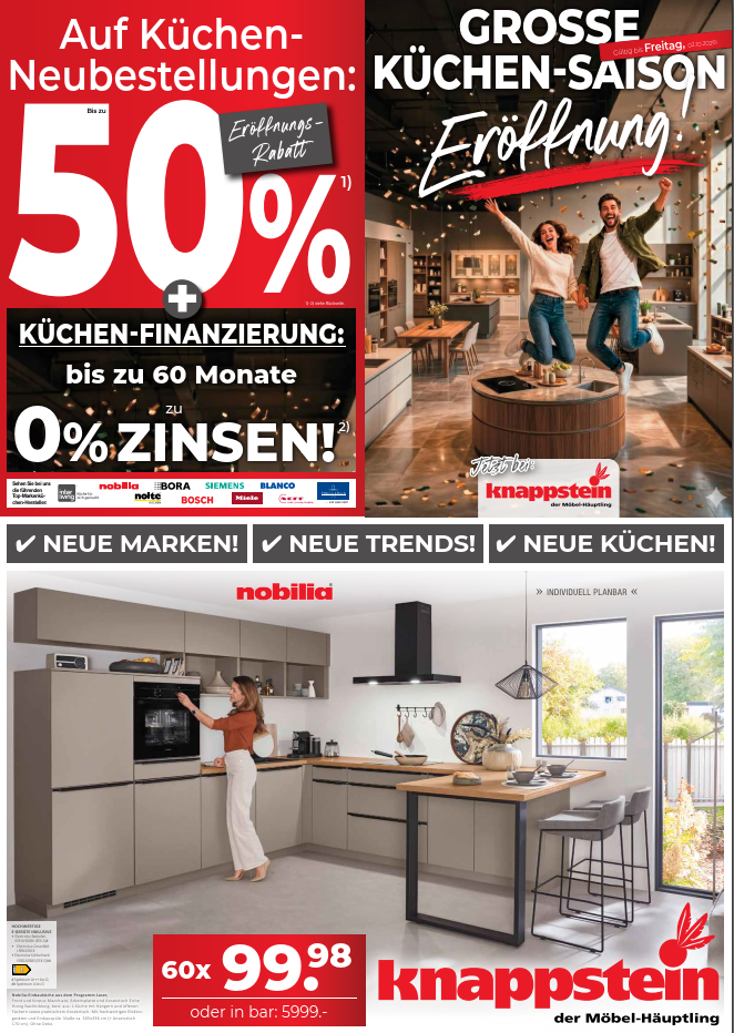 Werbung für Küchen mit 50% Rabatt und Finanzierungsmöglichkeiten, inklusive eine moderne Küche in hellen Farben.