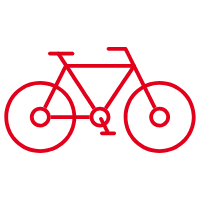 Rotes Icon eines Fahrrads mit zwei Rädern und einem minimalistischen Design.