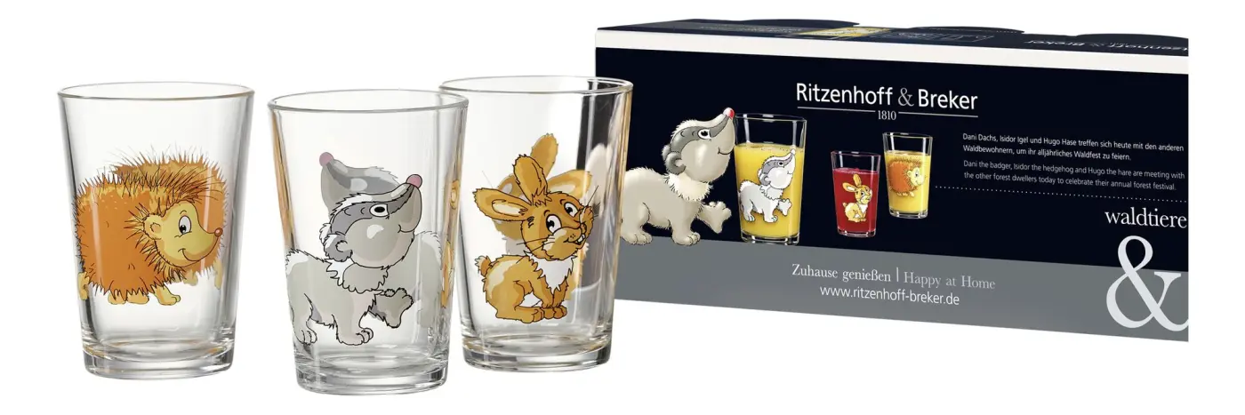 Ritzenhoff Trinkgläser Waldtiere 205 ml, 3-tlg. Klar/Bunt