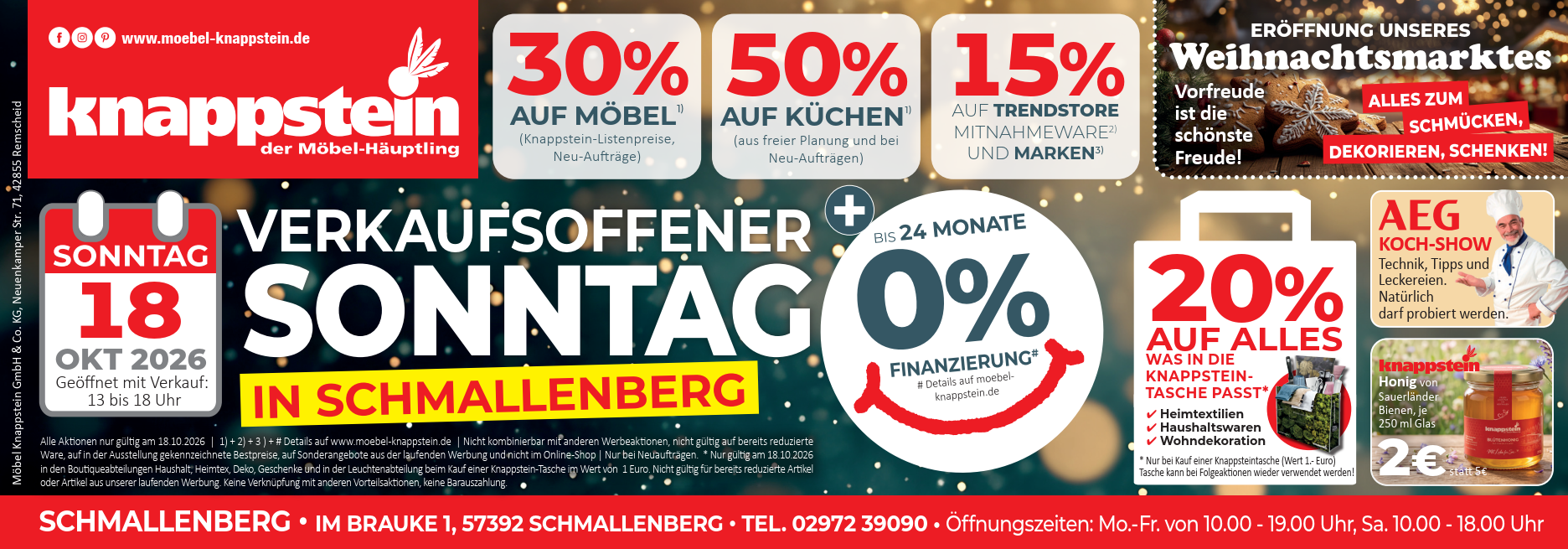 Werbung für einen verkaufsoffenen Sonntag in Schmallenberg mit Rabatten auf Möbel, Küchen und Weihnachtsmarkt-Eröffnung.