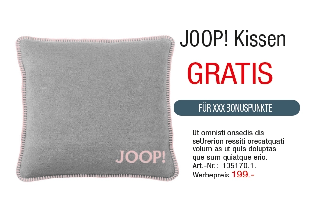 Graues JOOP! Kissen mit pinkfarbener Schrift und abgerundeten Ecken.