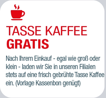 Tasse Kaffee mit dem Text "Tasse Kaffee gratis" und Informationen zum Angebot nach dem Einkauf.