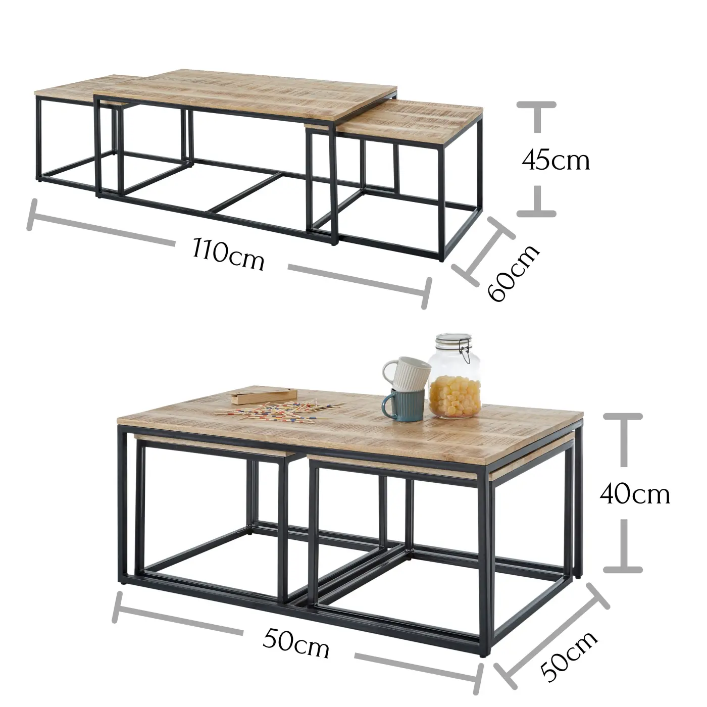Couchtisch 3-tlg. Mango Wood/Metall schwarz BHT ca. 110x 45x60 cm