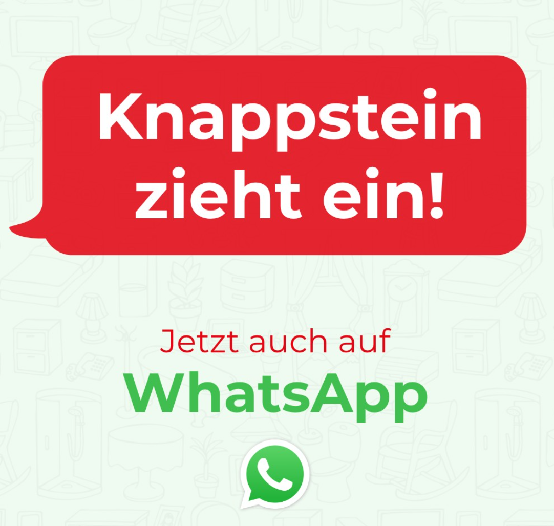 Knappstein zieht ein! Ankündigung für WhatsApp mit Sprechblase und Hintergrundmuster von Möbeln.