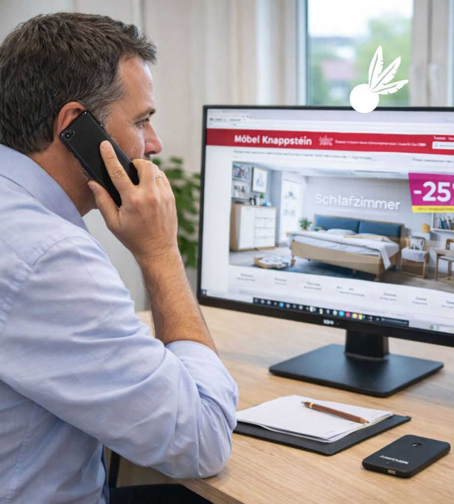 Mann am Telefon, der auf einem Computerbildschirm eine Schlafzimmer-Webseite von Möbel Knappstein betrachtet.