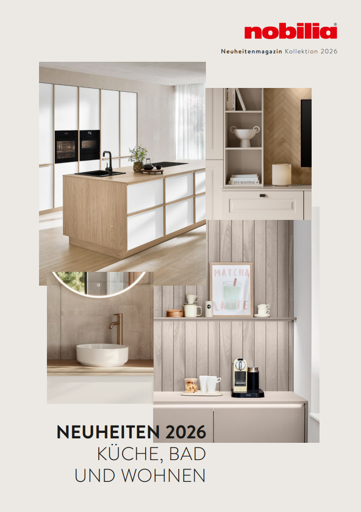 nobilia Neuheitenmagazin 2026 Kollage aus modernen Küchen- und Badmöbeln in neutralen Farben, mit Holz- und Glaselementen.