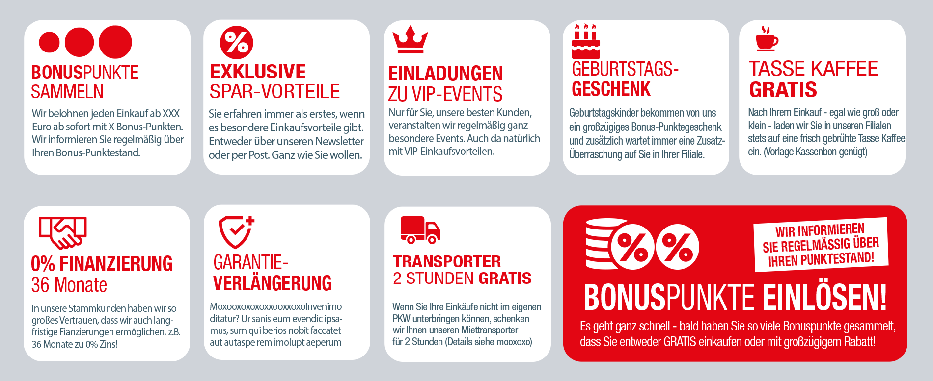 Grafik mit Informationen zu Bonuspunkten, Vorteilen, Events und Rabatten.