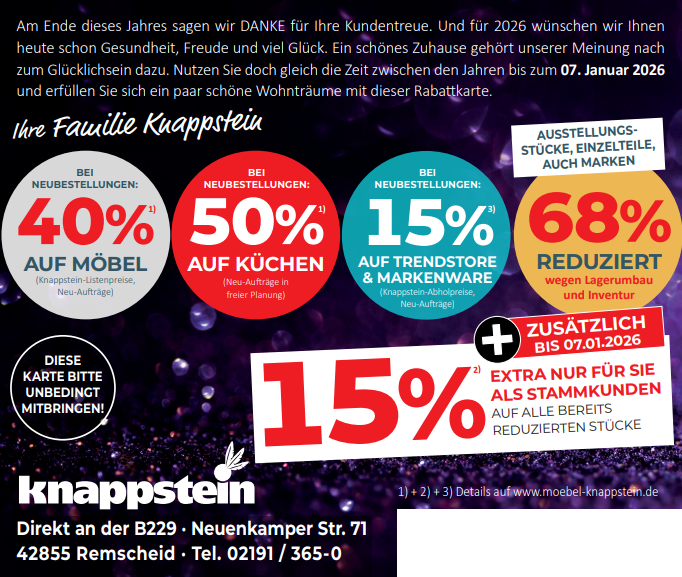 Angebot für Inventurverkauf: 40% Rabatt auf Möbel, 50% auf Küchen, 15% auf Trendmode, 68% reduziert, zusätzlich 15% au...