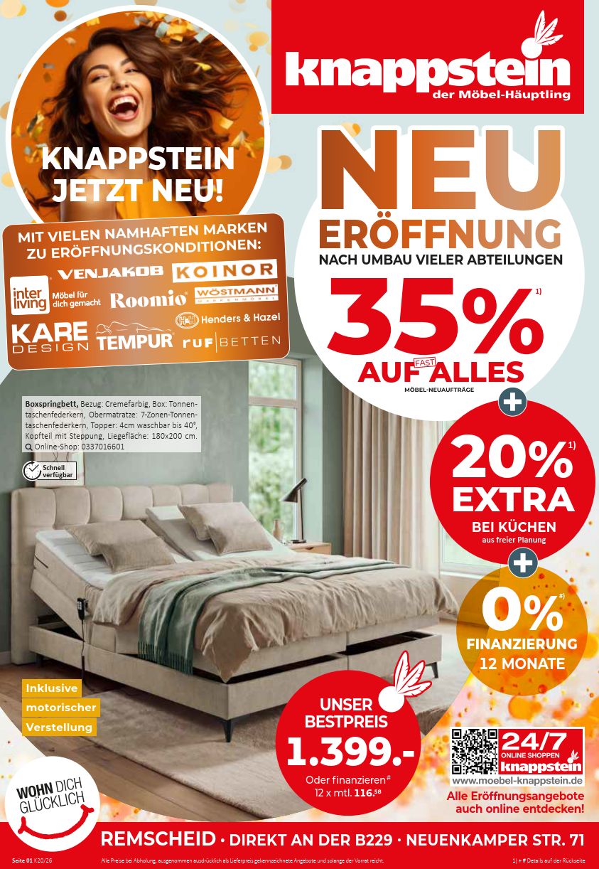 Werbung für die Neueröffnung von Knappstein mit Rabatten von bis zu 35% auf Möbel und Betten.