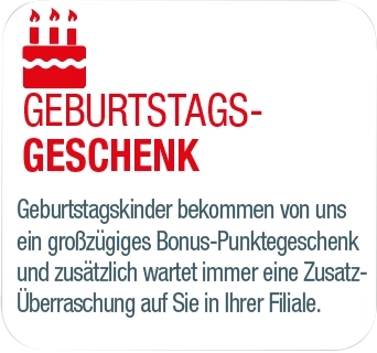 Geburtstagsgeschenk-Ankündigung mit Informationen zu Bonus-Punkten und Überraschungen für Geburtstagskinder.