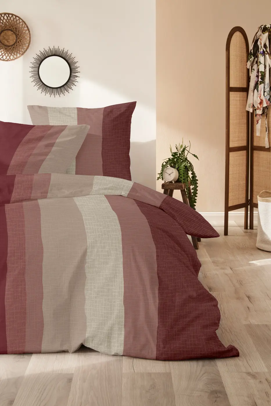 Hahn Biber-Bettwäsche-Set 135x200+80x80 cm rot braun längs gestreift
