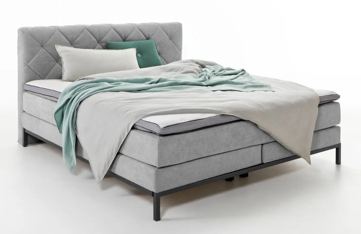 Sun Garden Boxspringbett 180 x 200 cm, Kopfteil mit Rautensteppung Bezug 50456-720, silber