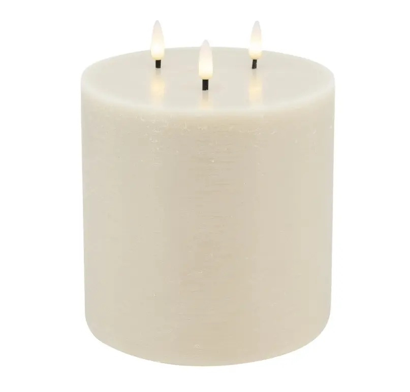 LC Wholesaler LED 3-Docht-Kerze Basic Echtwachs cream rustic 15x15cm 3D-Flamme warmweiß