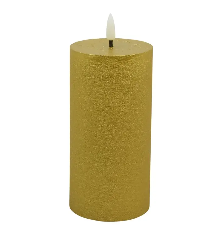 LED Stumpenkerze Winter Echtwachs gold metallic rustic 7,5x15cm 3D-Flamme warmweiß