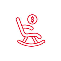 Rotes Icon eines Schaukelstuhls mit einem Dollarzeichen darüber, symbolisiert Altersvorsorge.