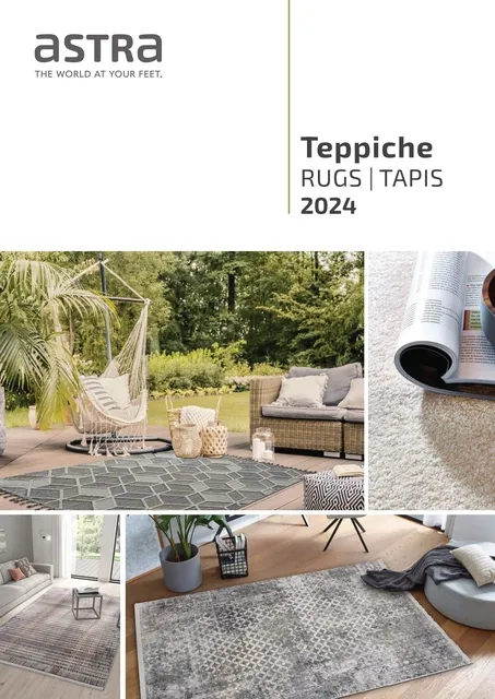 Astra Teppiche 2024 Kollage von Teppichen der Marke Astra für 2024, zeigt verschiedene Designs und Farben in einem Wohnambiente.