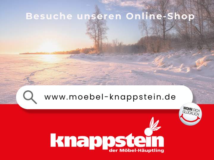 Winterlandschaft mit schneebedecktem Ufer und Sonnenuntergang, darunter Werbung für einen Online-Shop.