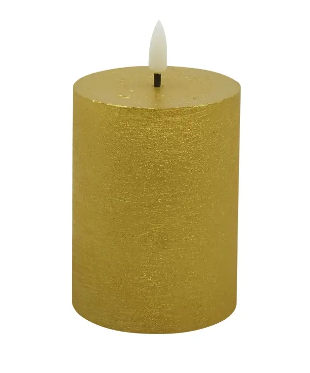 LED Stumpenkerze Winter Echtwachs gold metallic rustic 7,5x10cm 3D-Flamme warmweiß