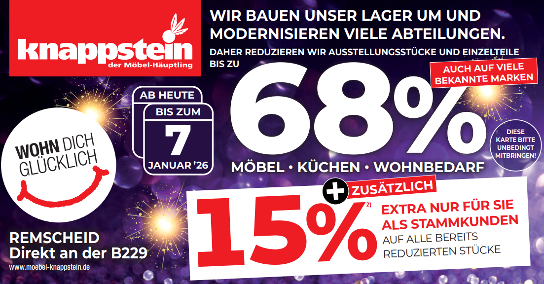 Plakat für Inventurverkauf mit Rabatten bis zu 68% auf Möbel, Küchen und Wohnbedarf sowie 15% Extra-Rabatt für Stammku...