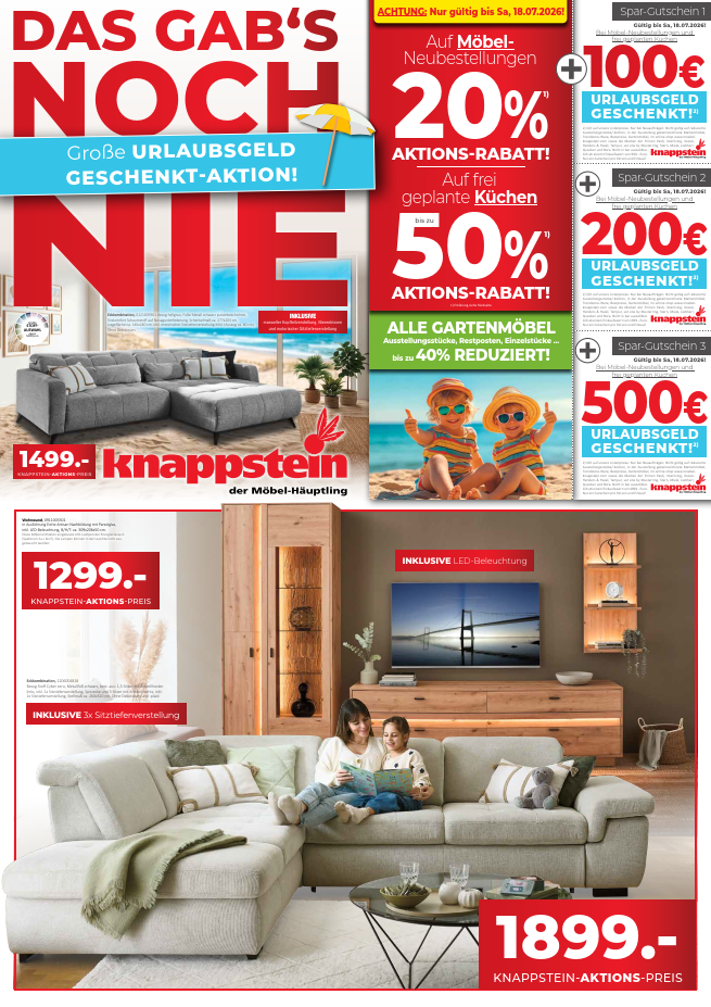 Werbung für Urlaubsgeld-Aktion mit Rabatten auf Möbel und Gartenmöbel, inklusive Preise und Angebote.