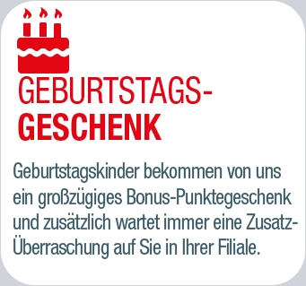Grafik mit Geburtstagskuchen und Text über Geburtstagsgeschenke und Bonuspunkte für Geburtstagskinder.