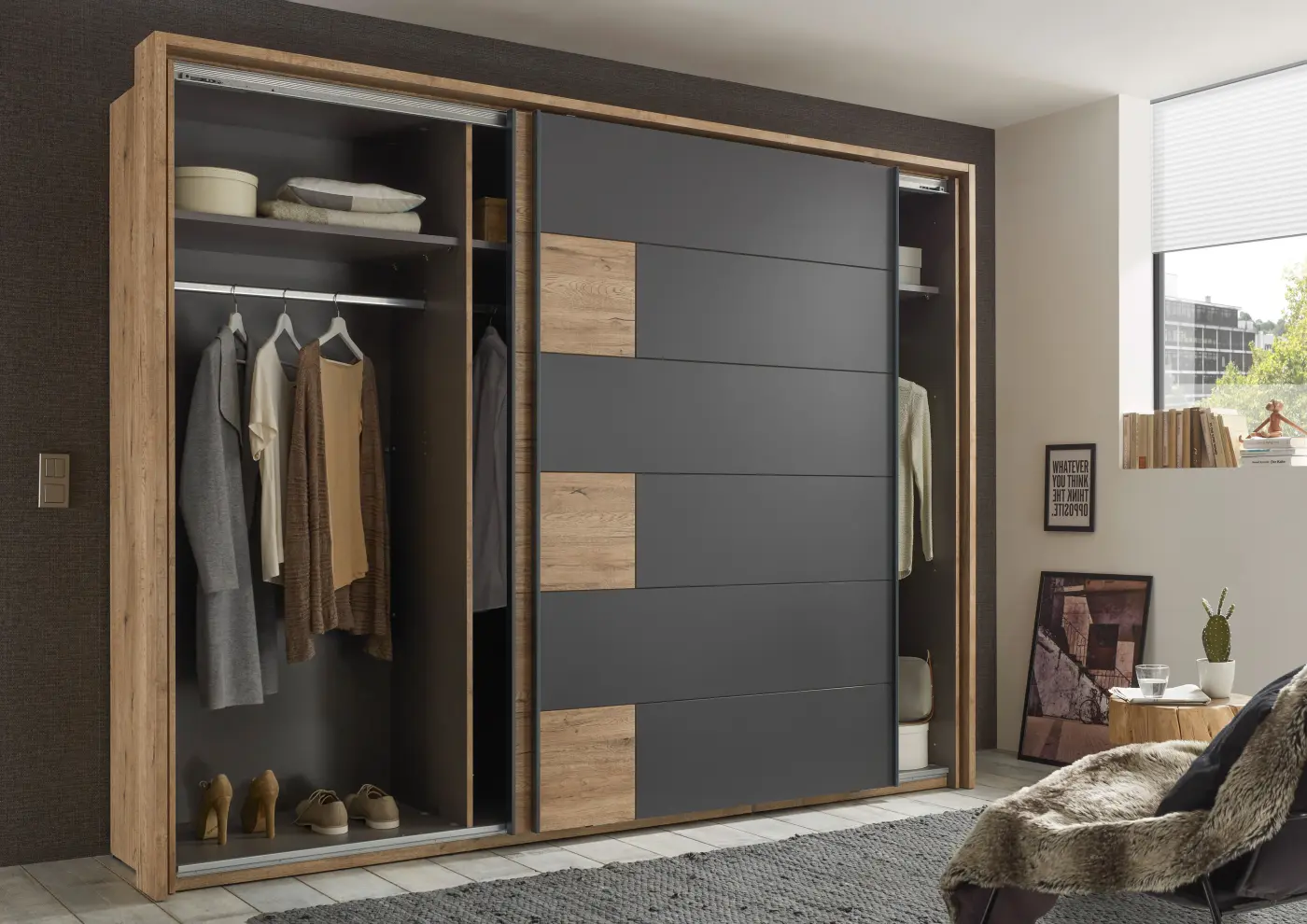 Kleiderschrank Pol Power Schrank LINEA Bartex Eiche/ Graphit