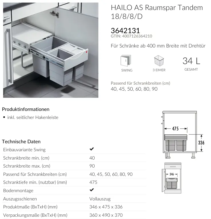 Hailo Abfallsammler Raumspar Tandem 3-Fach Grau ca. 34,6x47,5x33,6 cm