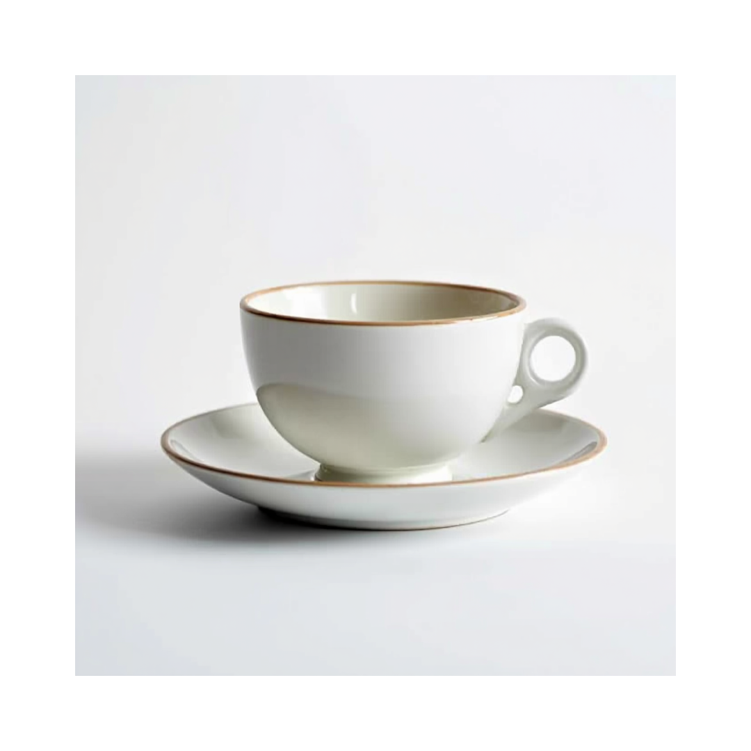 Weiße Teetasse mit Untertasse und goldener Rand.