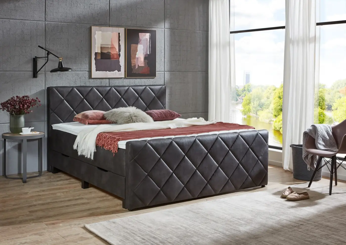 Sun Garden Boxspringbett 180 x 200 cm, Kopf- Fußteil mit Rautensteppung Bezug 50315-700