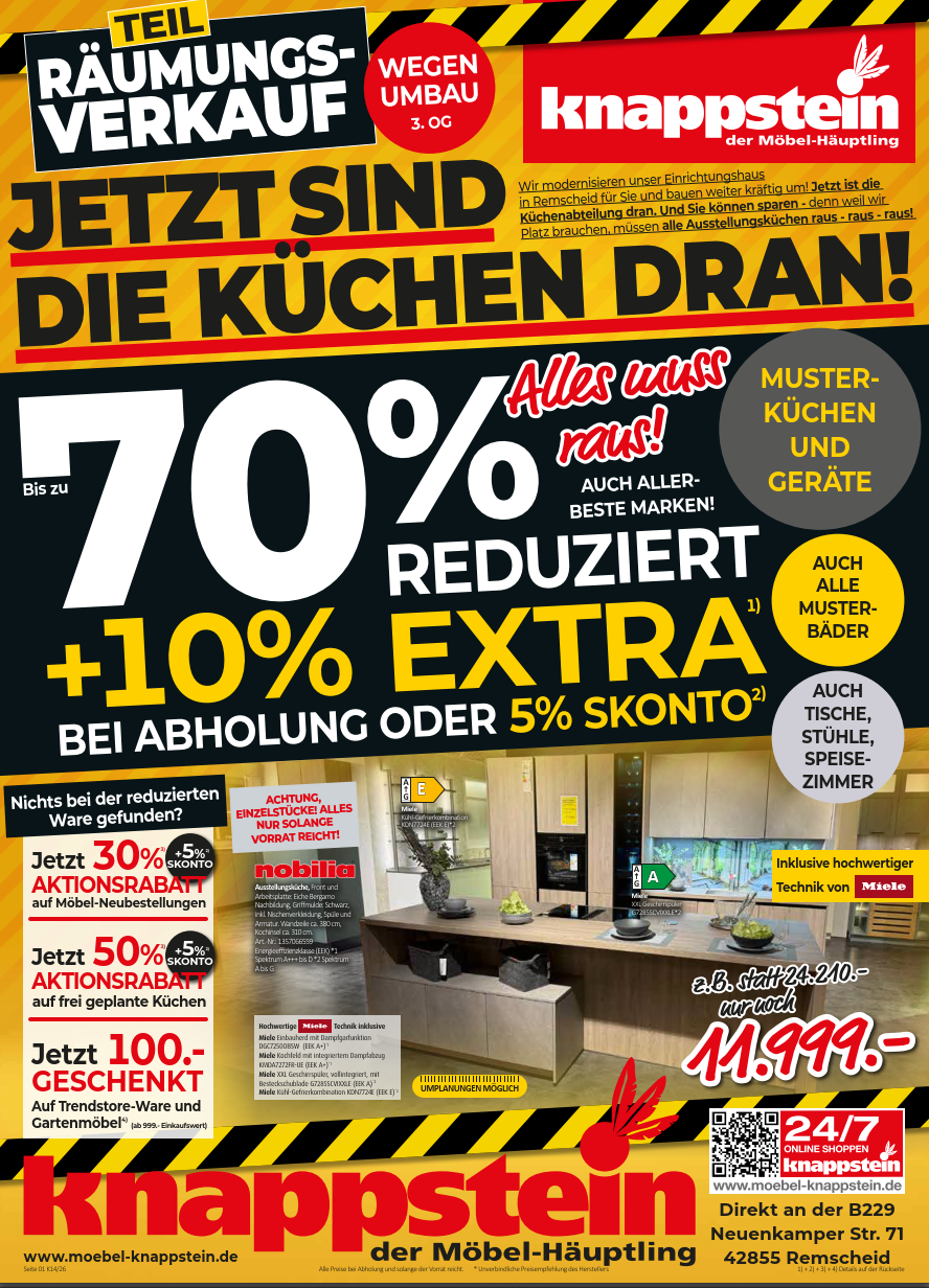 Angebotsplakat für Küchen mit Rabattaktionen, Preisangaben und Kontaktinformationen von Knappstein.