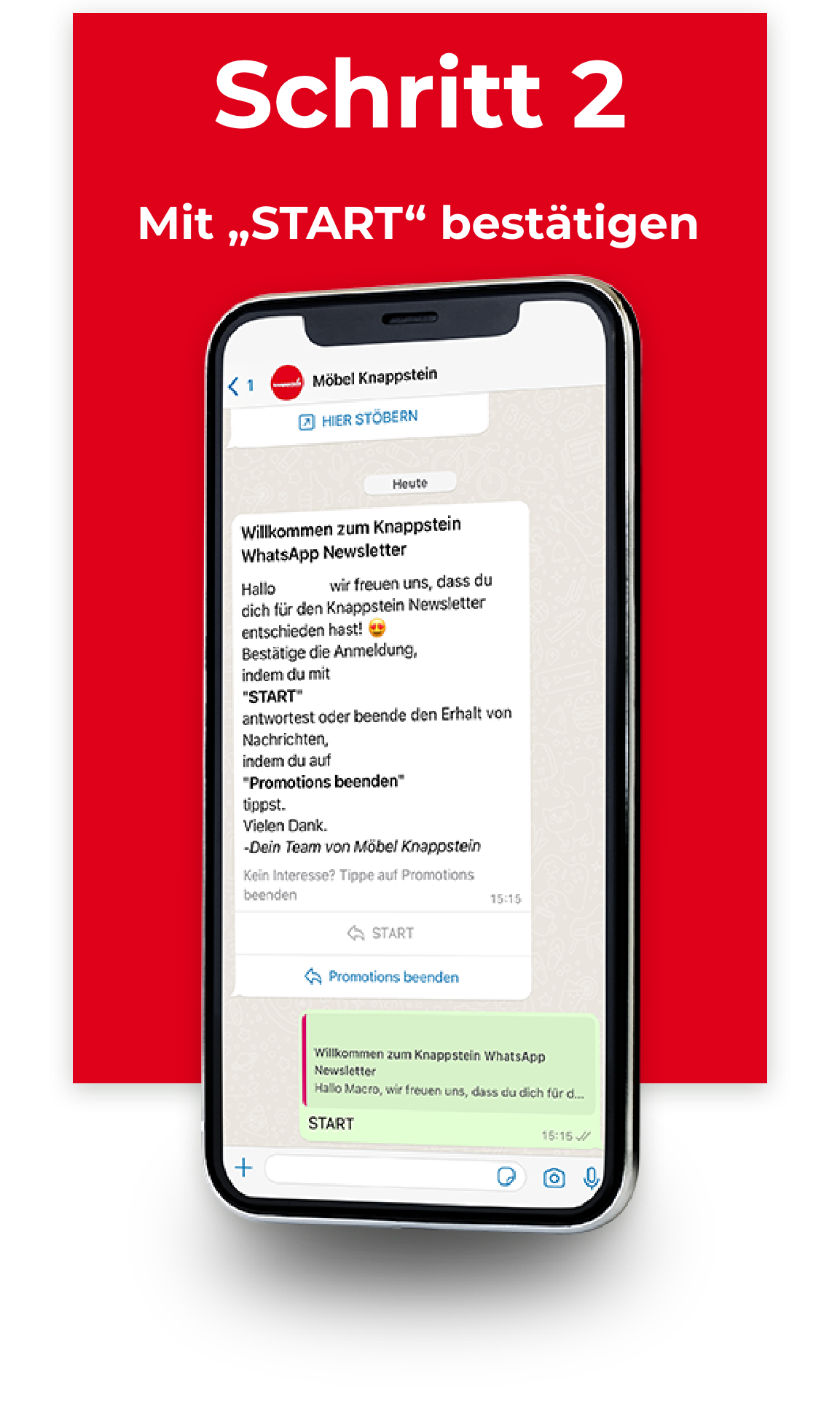 Smartphone zeigt WhatsApp-Nachricht zur Bestätigung des Newsletters mit dem Text „START“.