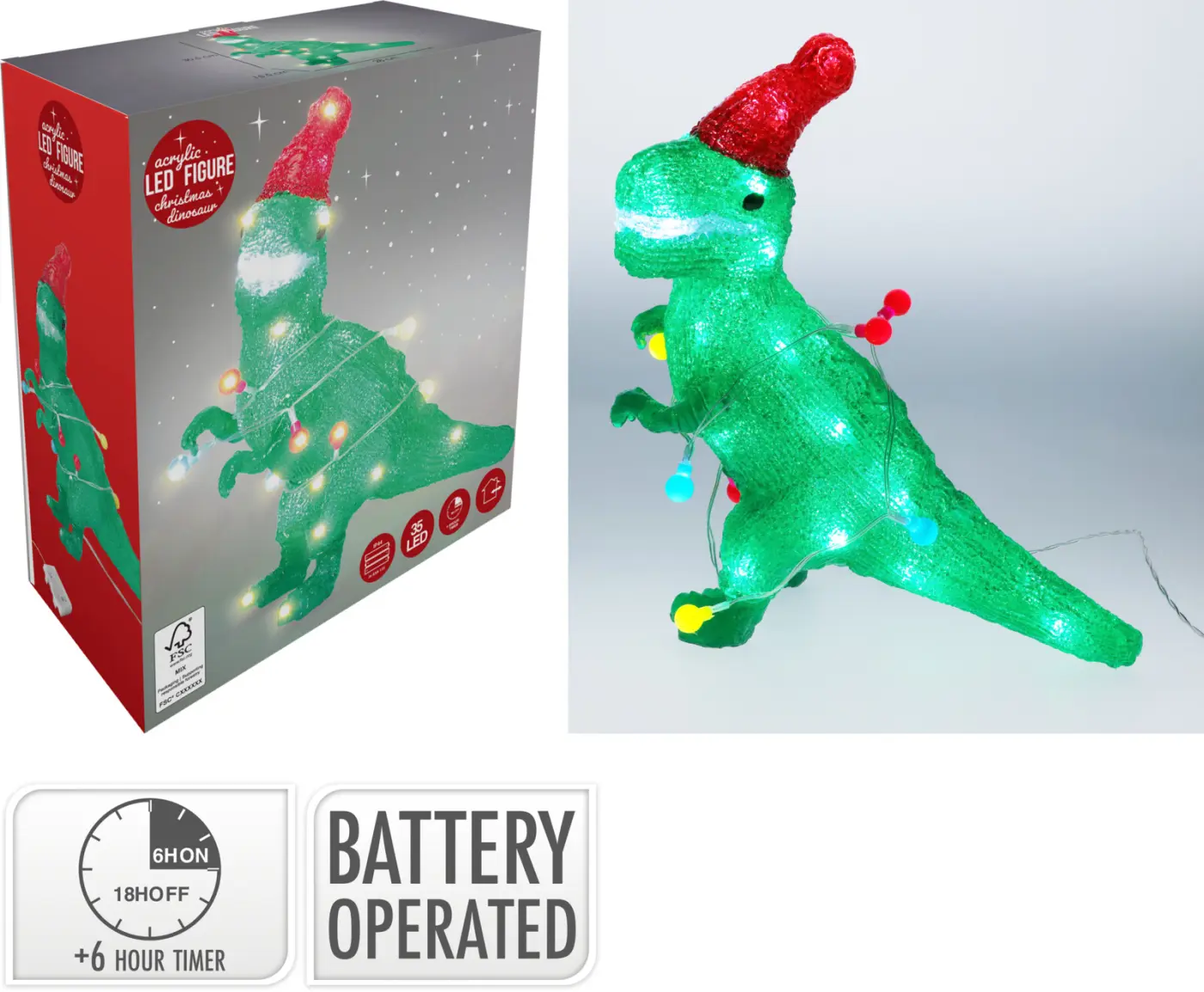 Koopman I. Acrylfigur Dino mit Weinachtsmütze 30 cm