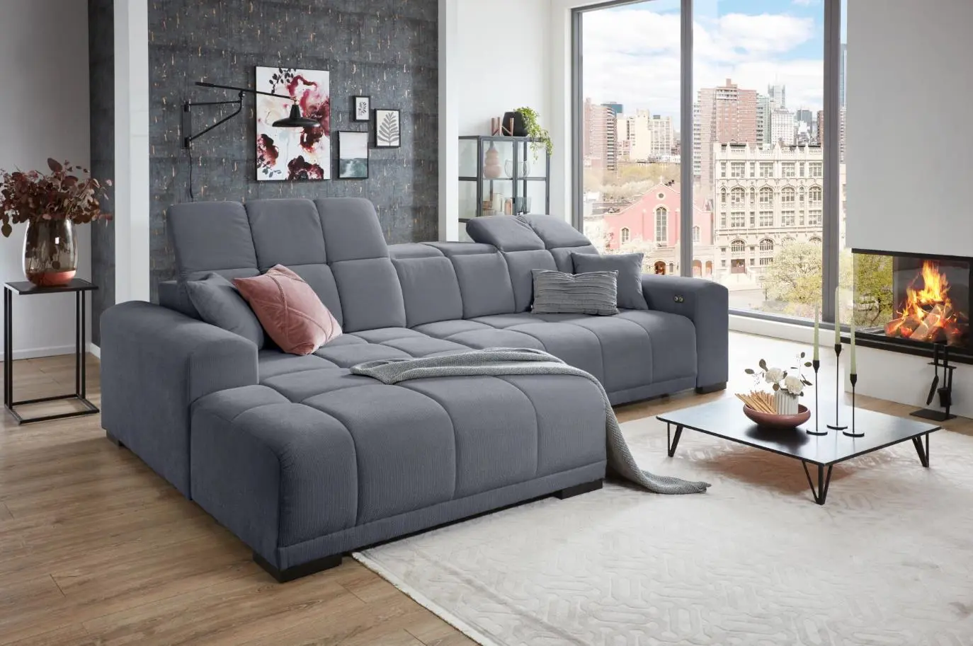 Iwaniccy Garnitur Master in Bezug Camaro grau, Metallfuß schwarz, Ottomane rechts, Schenkelmaß ca.301x195 cm