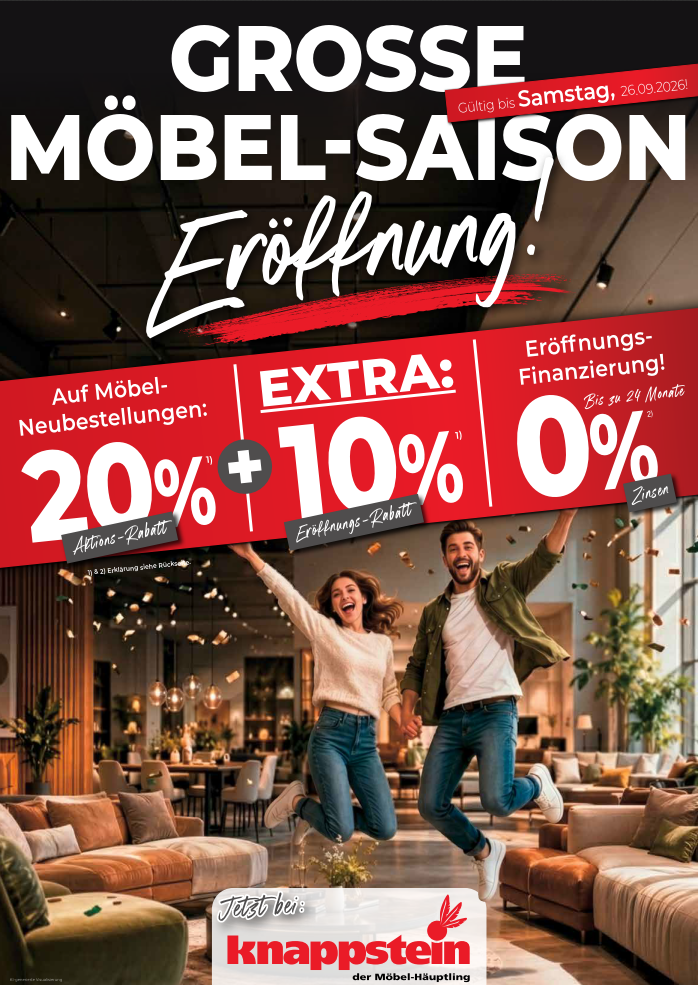 Werbeposter für Möbel-Saisoneröffnung mit Rabattangeboten und fröhlichem Paar in einem Möbelgeschäft.