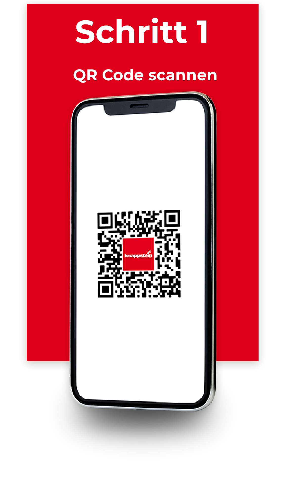 Smartphone zeigt QR-Code auf weißem Hintergrund, darüber steht "Schritt 1".