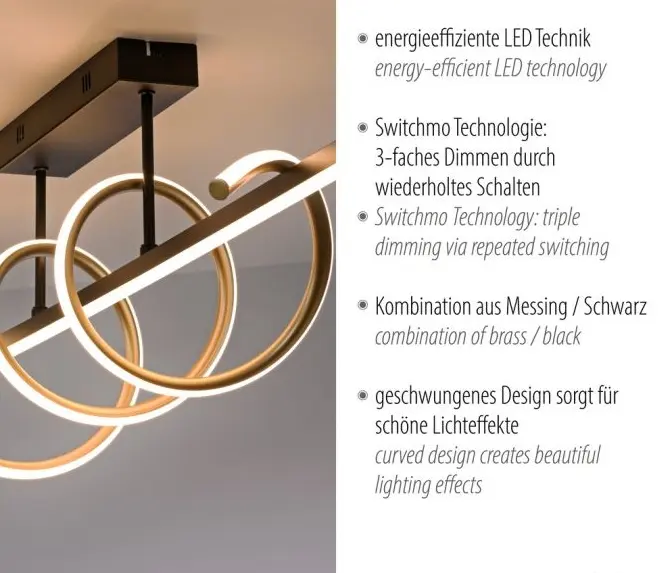 Justlight Deckenleuchte 1-flg. Schwarz/Messing 120x30x20 cm