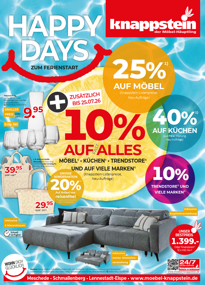 Werbung für Möbel mit Rabattaktionen, einschließlich 25% auf Möbel und 10% auf alles, sowie verschiedene Produkte und ...